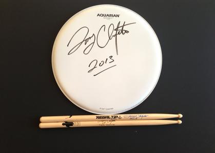 Tommy Clufetos Autographed Aquarian Drum Head and Regal Tip Drumsticks