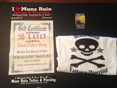 Man's Ruin Tattoo or Piercing Gift Certificate and T-Shirt Package