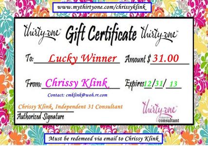 $31 Gift Certificate to spend at Thirty-One Gifts!!
