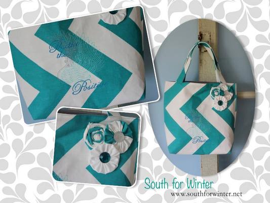 Handmade Chevron Tote Bag~Embroidered Angel Wings & fabric flowers