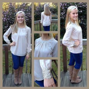 NEW women's size 10 12 Ivory Blouse with Sequin cuffs by Status boutique