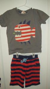 Frugi 2pc Fish shirt and striped shorts set size 2/3 EUC