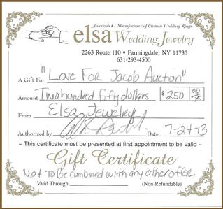 $250 Gift Certificate to Elsa Rings Custom Jewelry in Farmingdale, NY