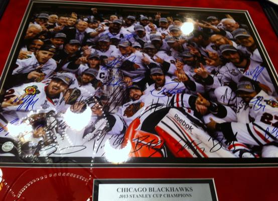 Blackhawks Team Auto. Stanley Cup Champs 16x20 Photo Framed & Matted w/cert.