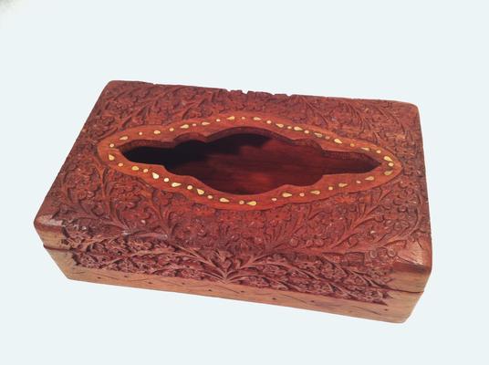 Carved wood tissue box