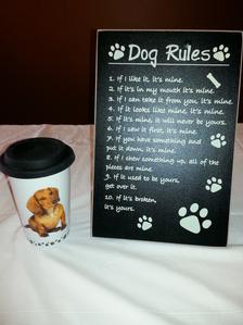 Ceramic Doxie Hot Mug w/Lid & Dog Rules Wall Hanging