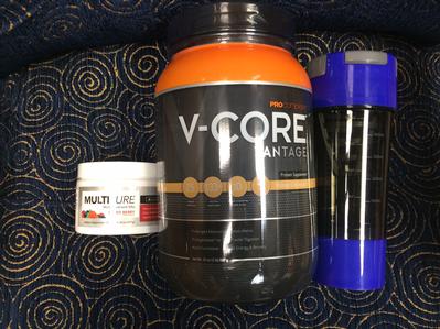 V-Core Advantage Protein suppliment; mixed-berry multi-nutrient mix, cyclone cup