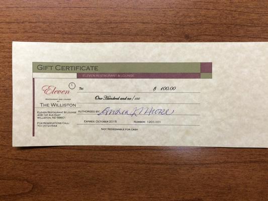 $100 Eleven Restaurant and Lounge at The Williston Gift Certificate