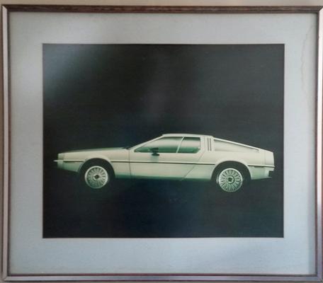 Framed picture of original DeLorean car