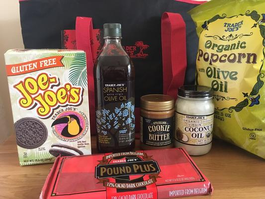 Trader Joe's gift bag with various gourmet items