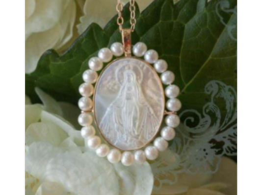 Carved Miraculous Medal with Pearls and 14k Gold