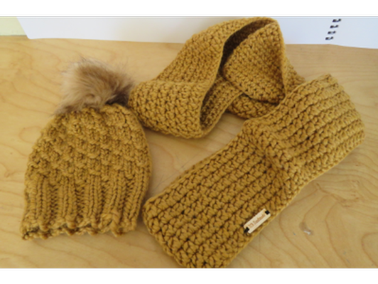 Hand knit gold hat and scarf set