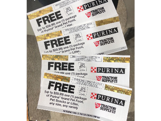 Four Coupons each for 1 package (up to $59.99 in value) of Purina brand pet food, pet snacks, or litter, any size, any variety