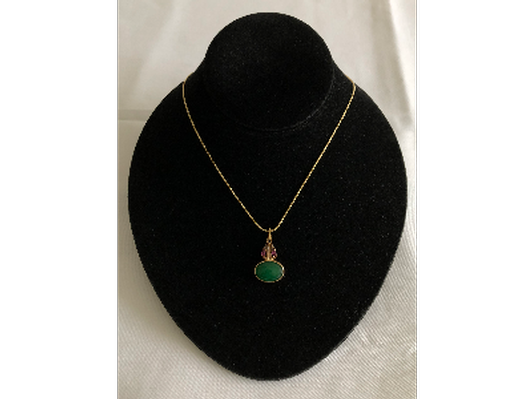Gold Necklace with Green Chrysoprase Pendent & Marquise Shape Ruby Accents