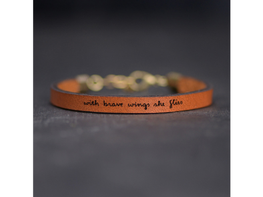 With Brave Wings She Flies: stamped leather bracelet