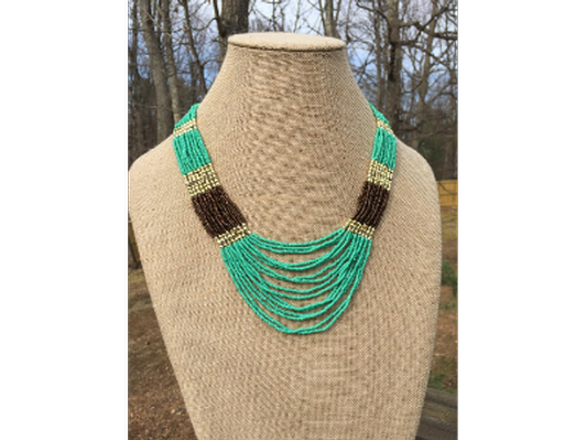 Blue Green, Bronze and Gold colored Seed Bead Necklace