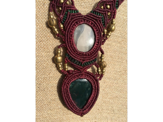 Burgundy and Green color Macrame double gemstone Necklace