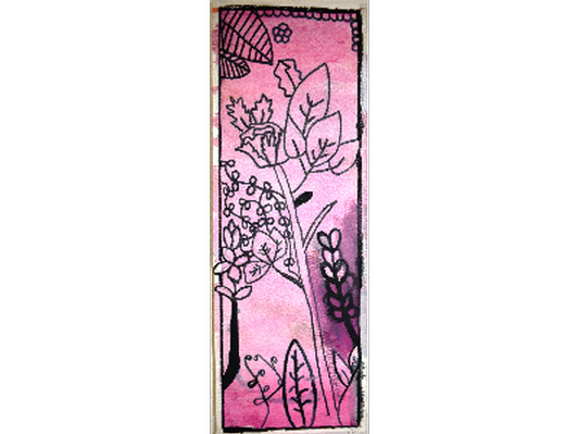 Black flowers with pink background- 4" x 11" 