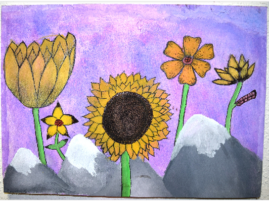 Yellow flowers with mountains- 8" x 11"
