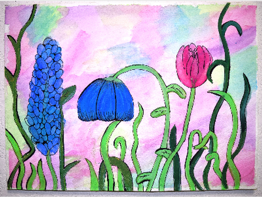 Blue pink green flowers- 15" x 11" 