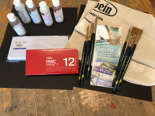 Holbein Watercolor set of 12 5ml tubes, Folding plastic palette, canvas apron, 6 assorted Gold brushes and 6 mediums