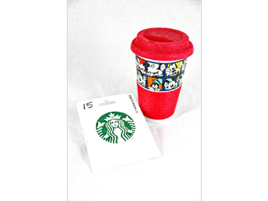 Travel mug (red) plus $15 Starbucks card 