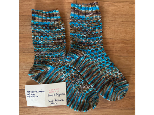 Hand Knit Socks: Blue/Brown with sparkles