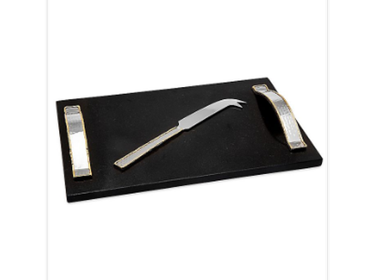Godinger Black Marble Cheese Board with Hammered Handles and Knife