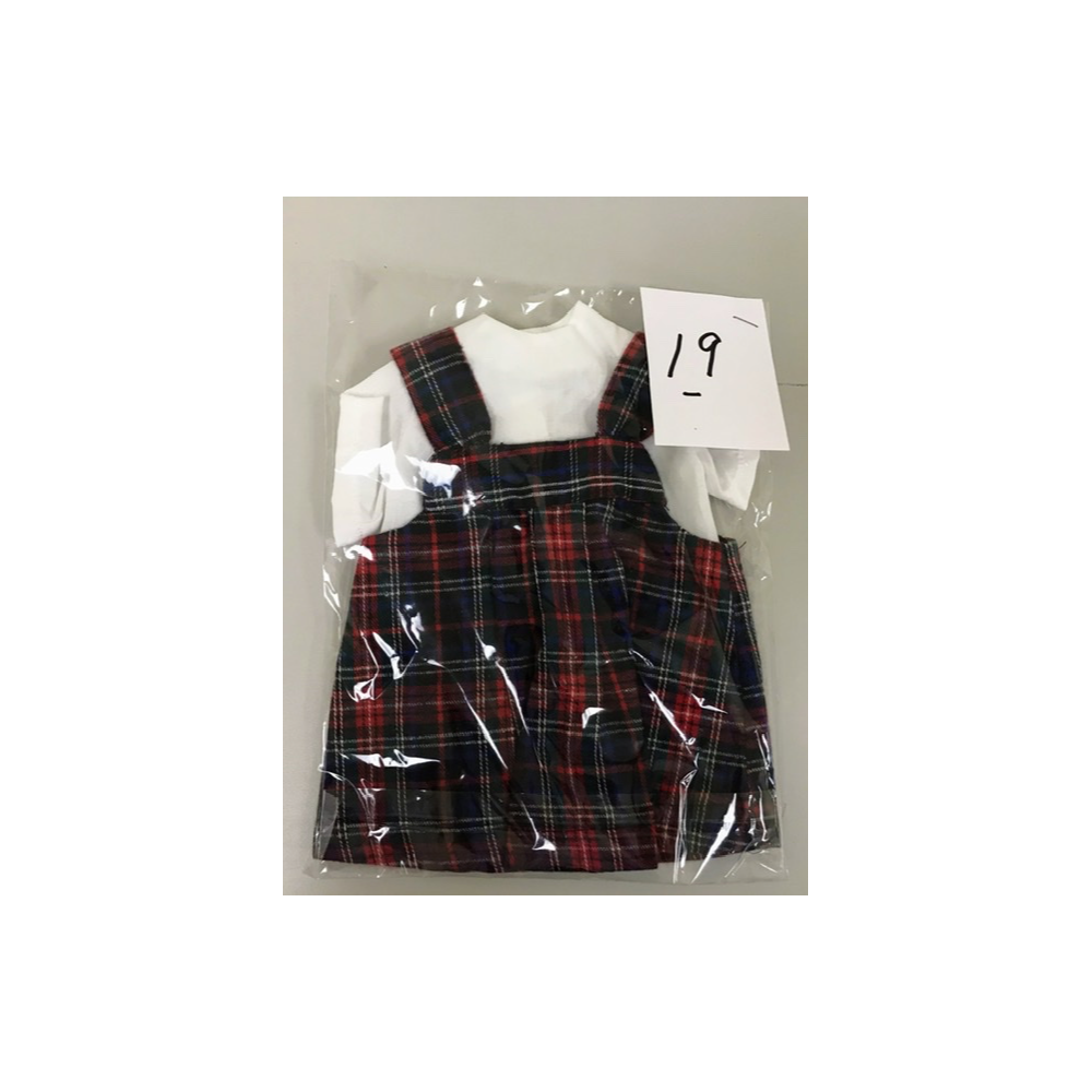 Red and black plaid pleated jumper with white shirt 