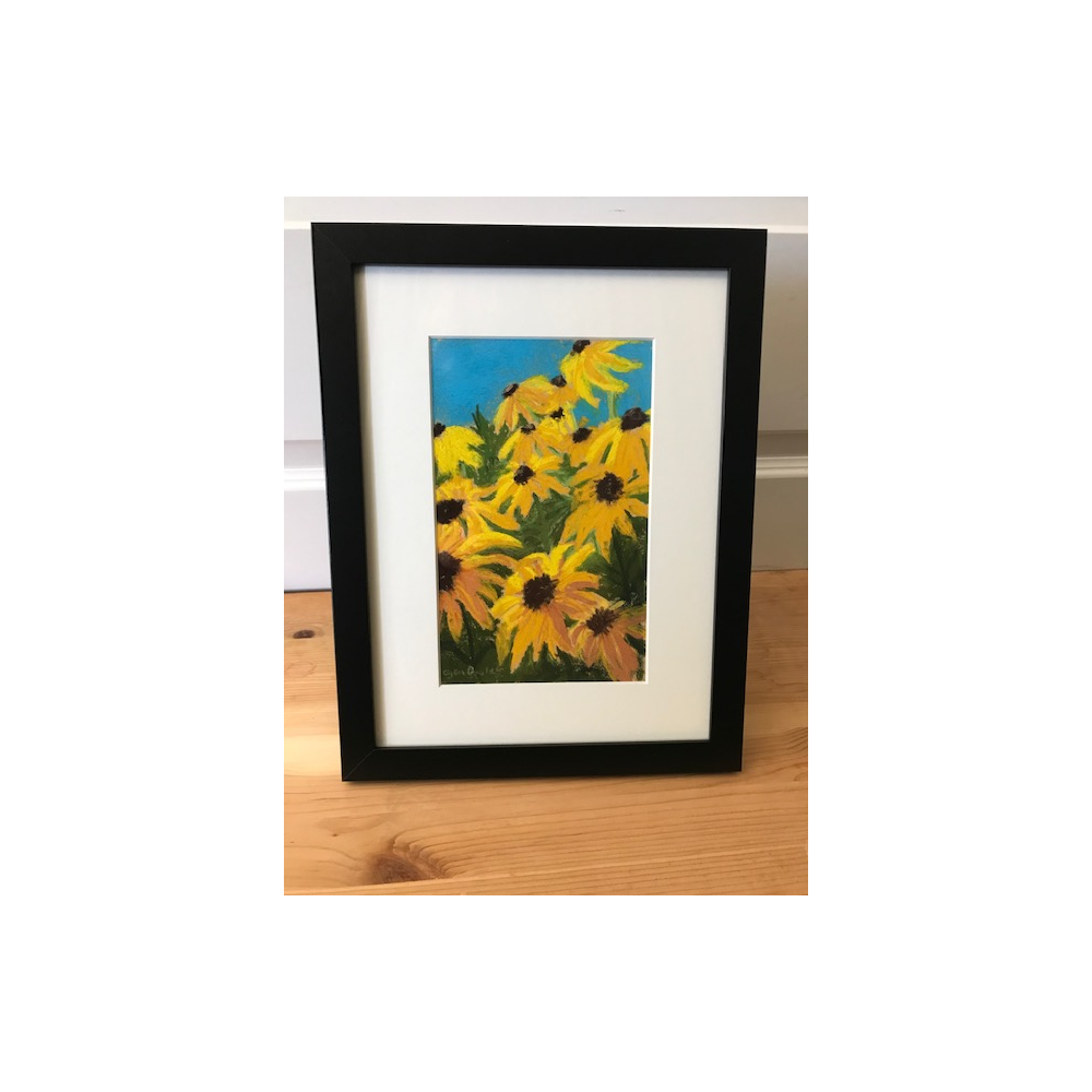 Framed Sunflower Art. 6"x9" original pastel, frameed to 9"x12"
