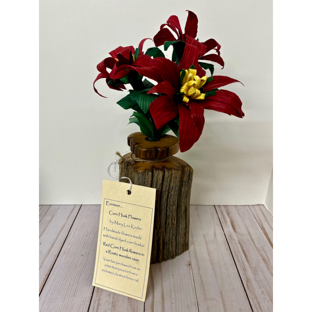Repurposed Cedar Vase w/ Corn Husk Flowers