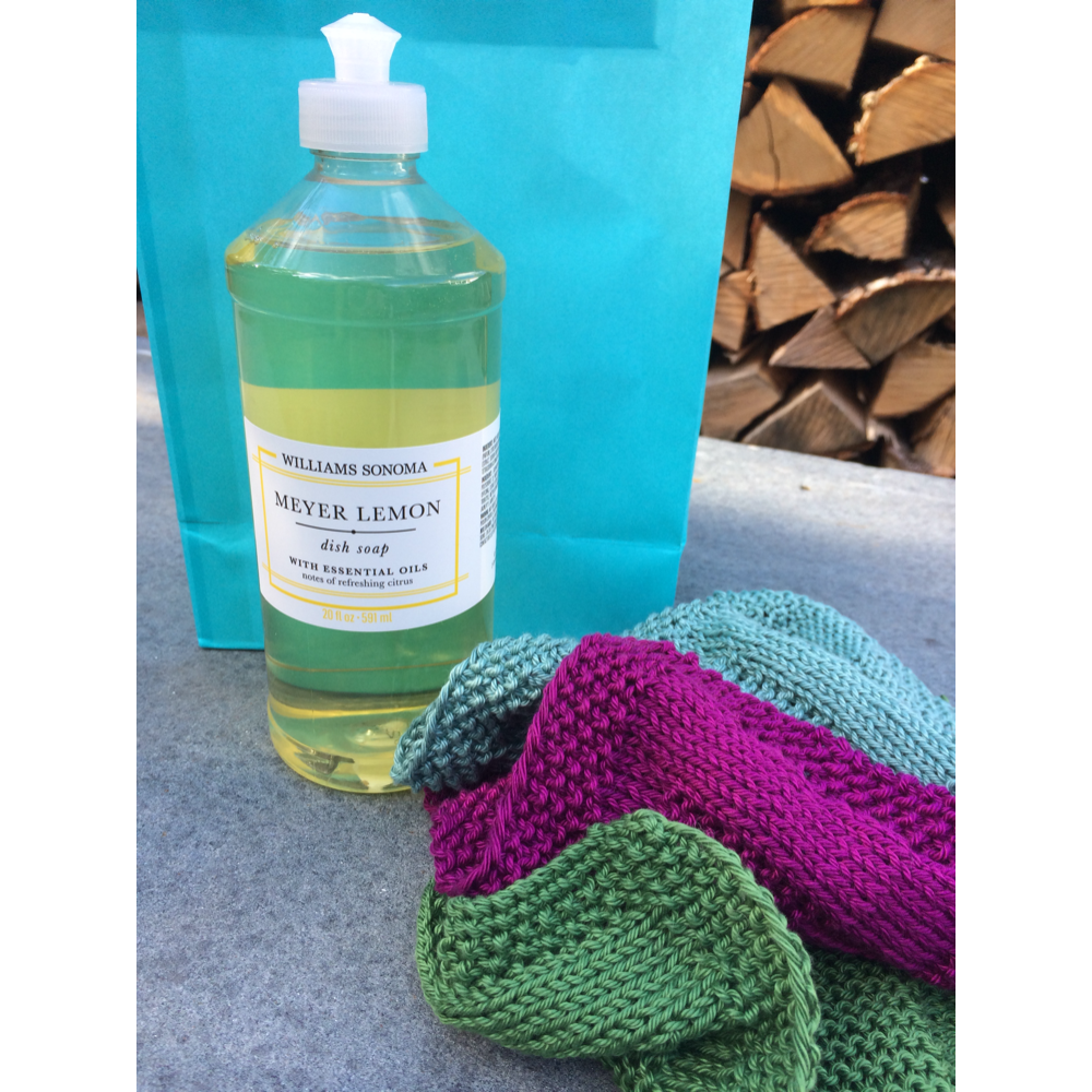 Lemon scented dish soap with hand knit washcloths 