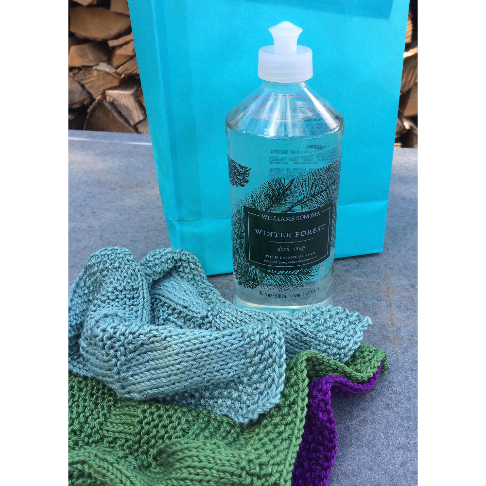 Winter Forest scented dish soap with hand knit washcloths 