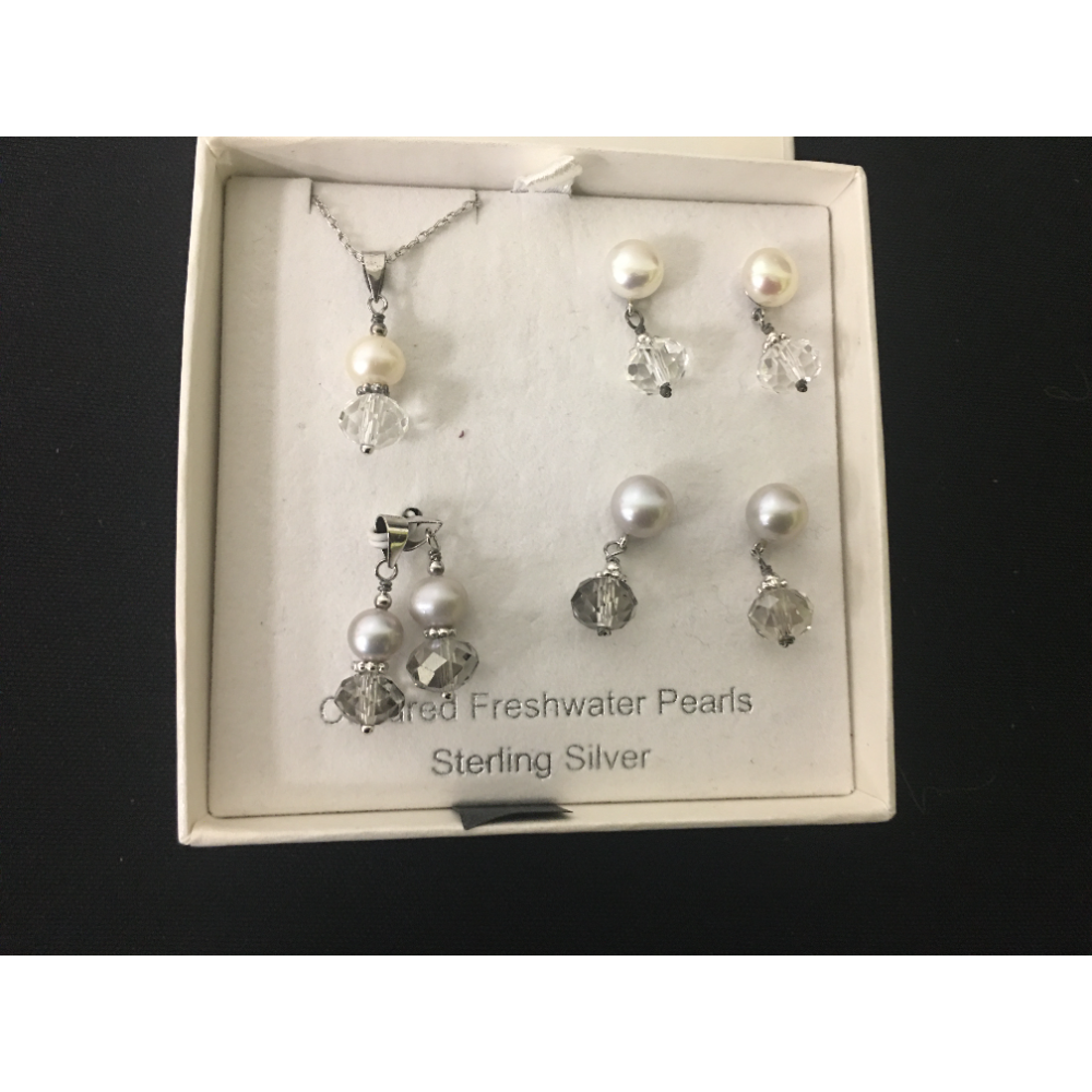 Cultured Freshwater Pearls Sterling Silver: 2 pr. Earrings / 2 pc. Necklace Set