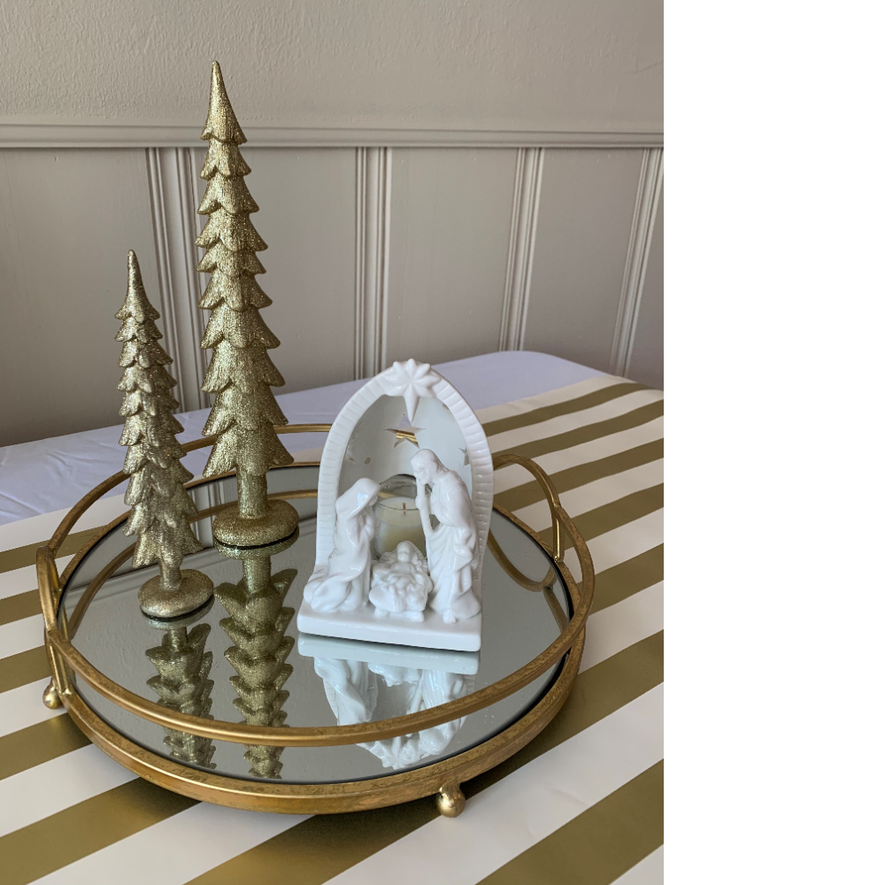 Nativity and Gold Trees on Mirrored Tray