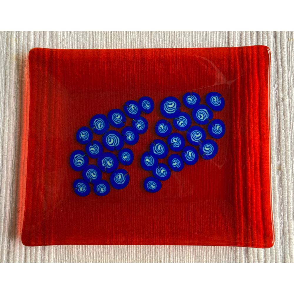 Fused Glass-Red dish with blue circles 