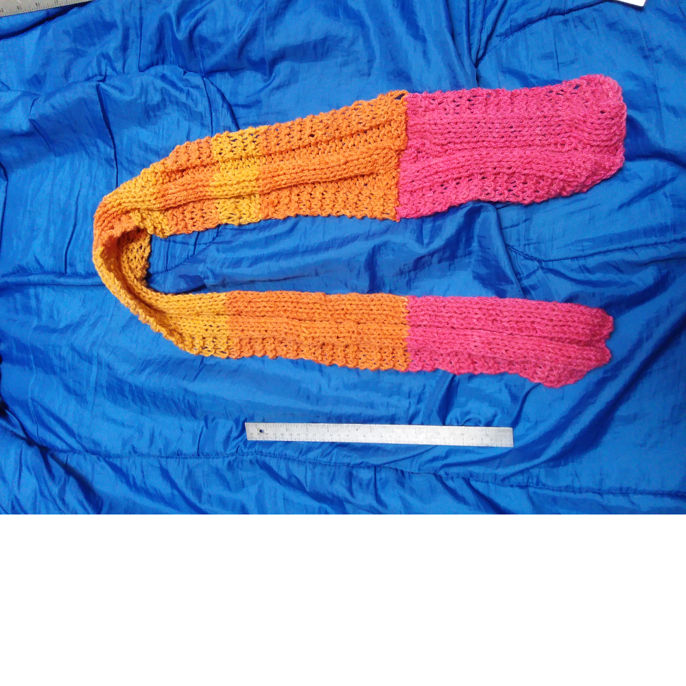 Hand knitted yellow orange fushia scarf
