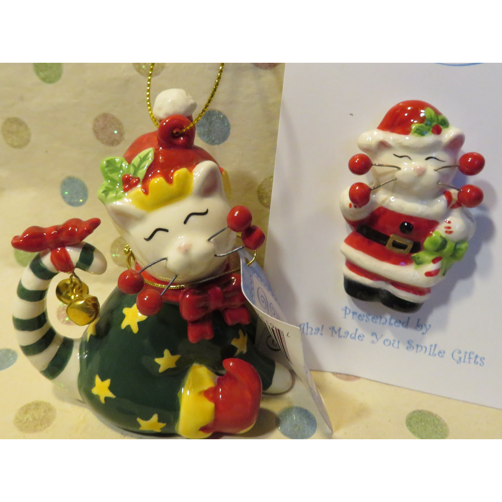 Elf cat ornament with Santa cat pin