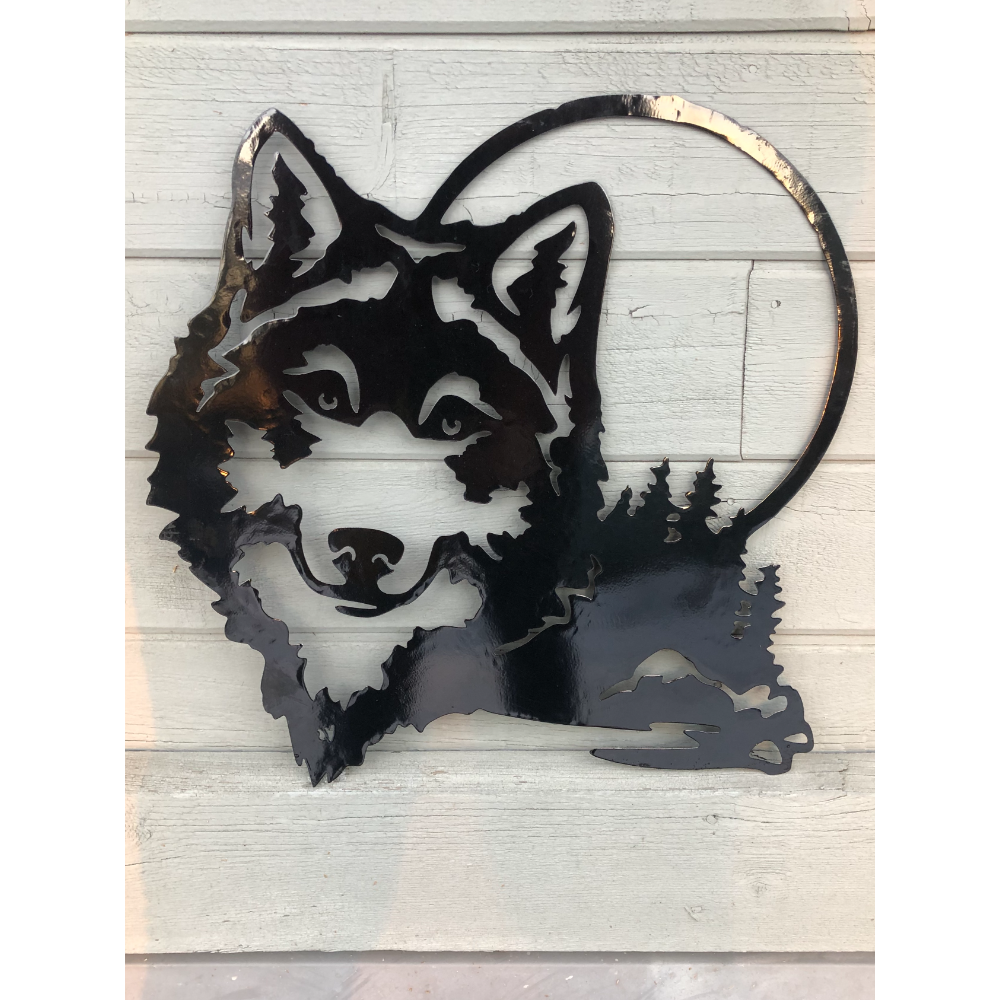 Black Wolf Head/Moon Scene - Metal Cutout