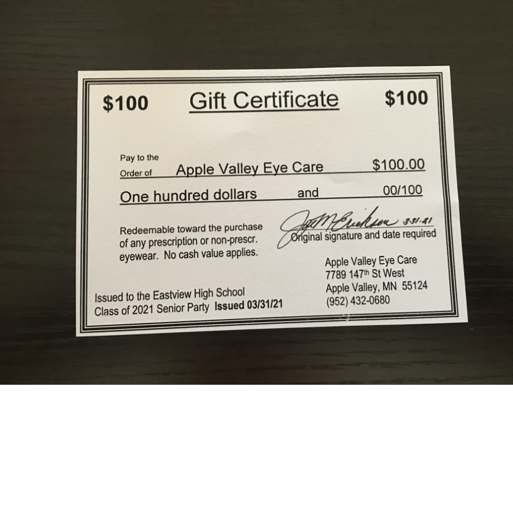 $100 Apple Valley Eye Care gift certificate