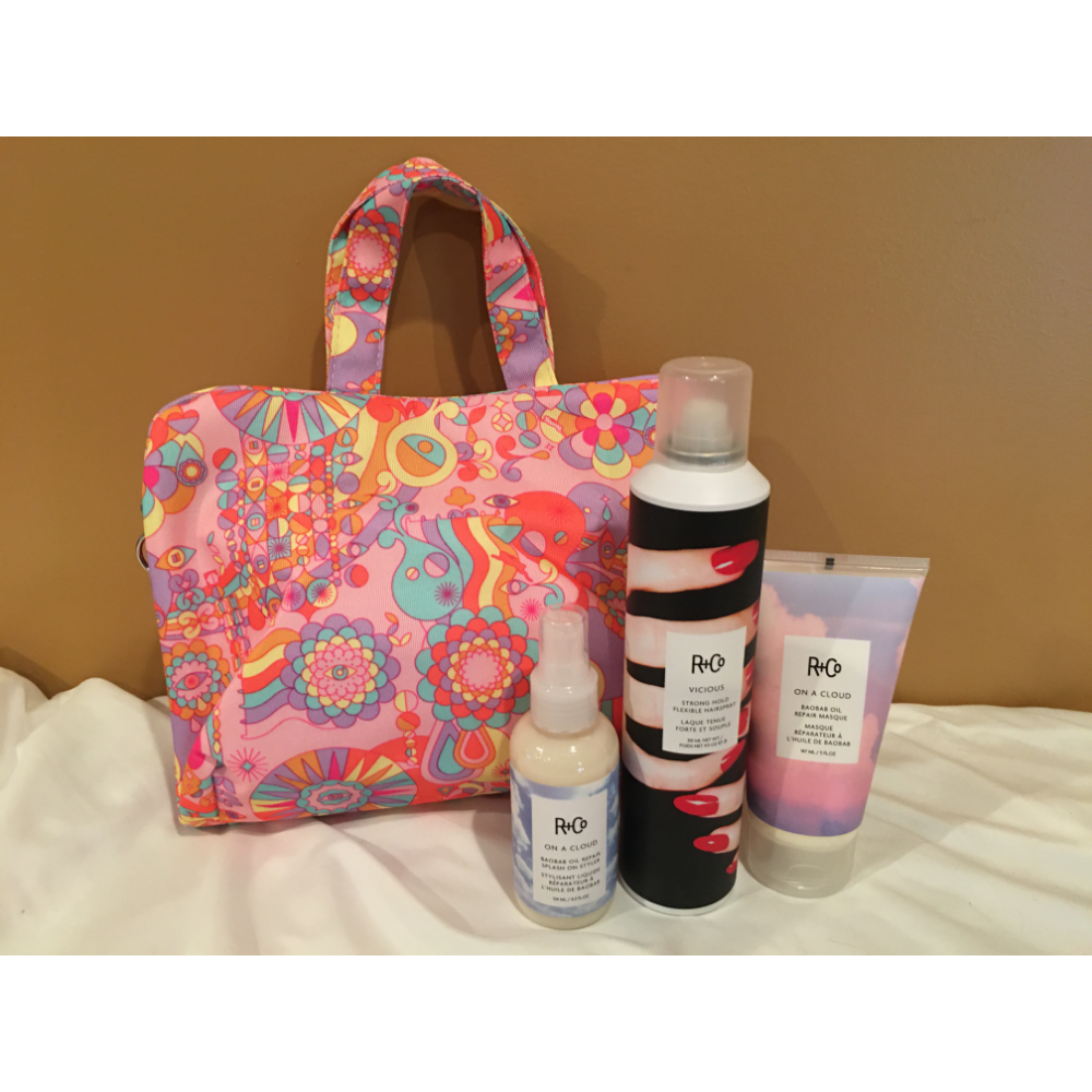 Hair products and make-up bag