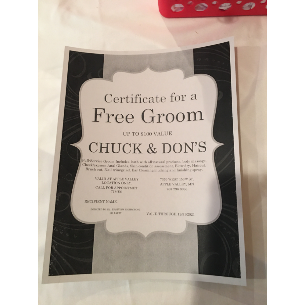 Chuck and Don's gift basket and grooming certificate
