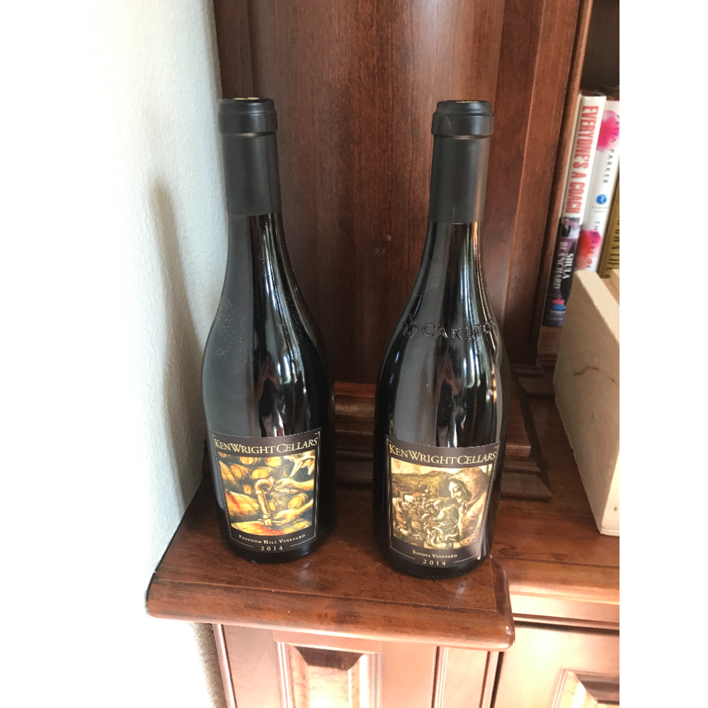 Two bottles of Ken Wright Pinot Noir