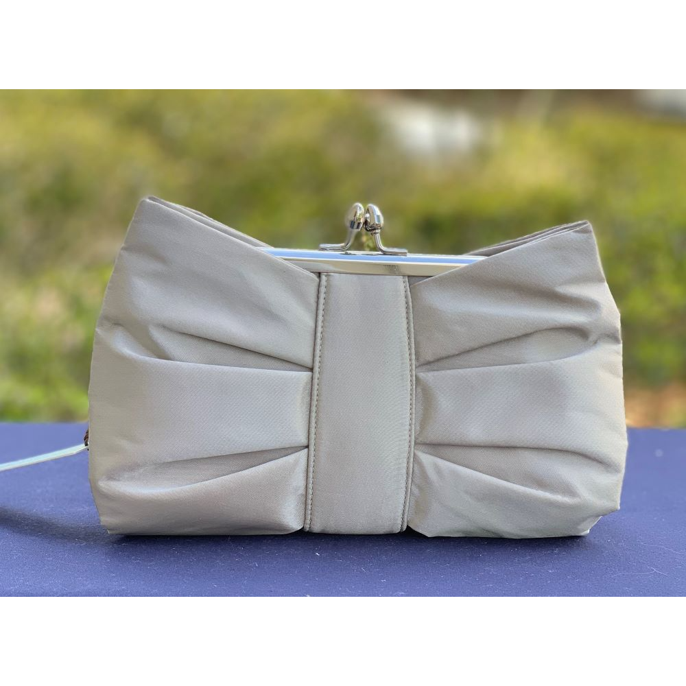Kate Landry Silver Satin Pleated Bow Clutch