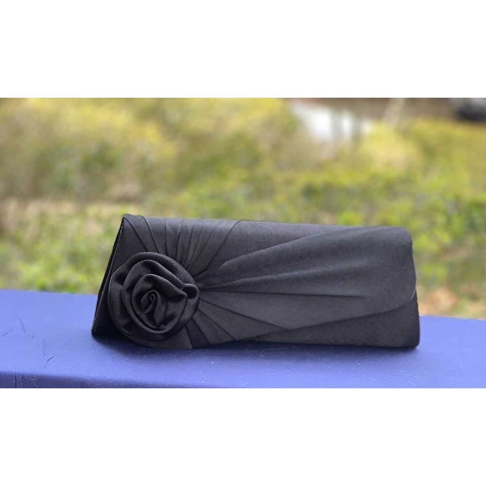 Black Satin Clutch with Rose