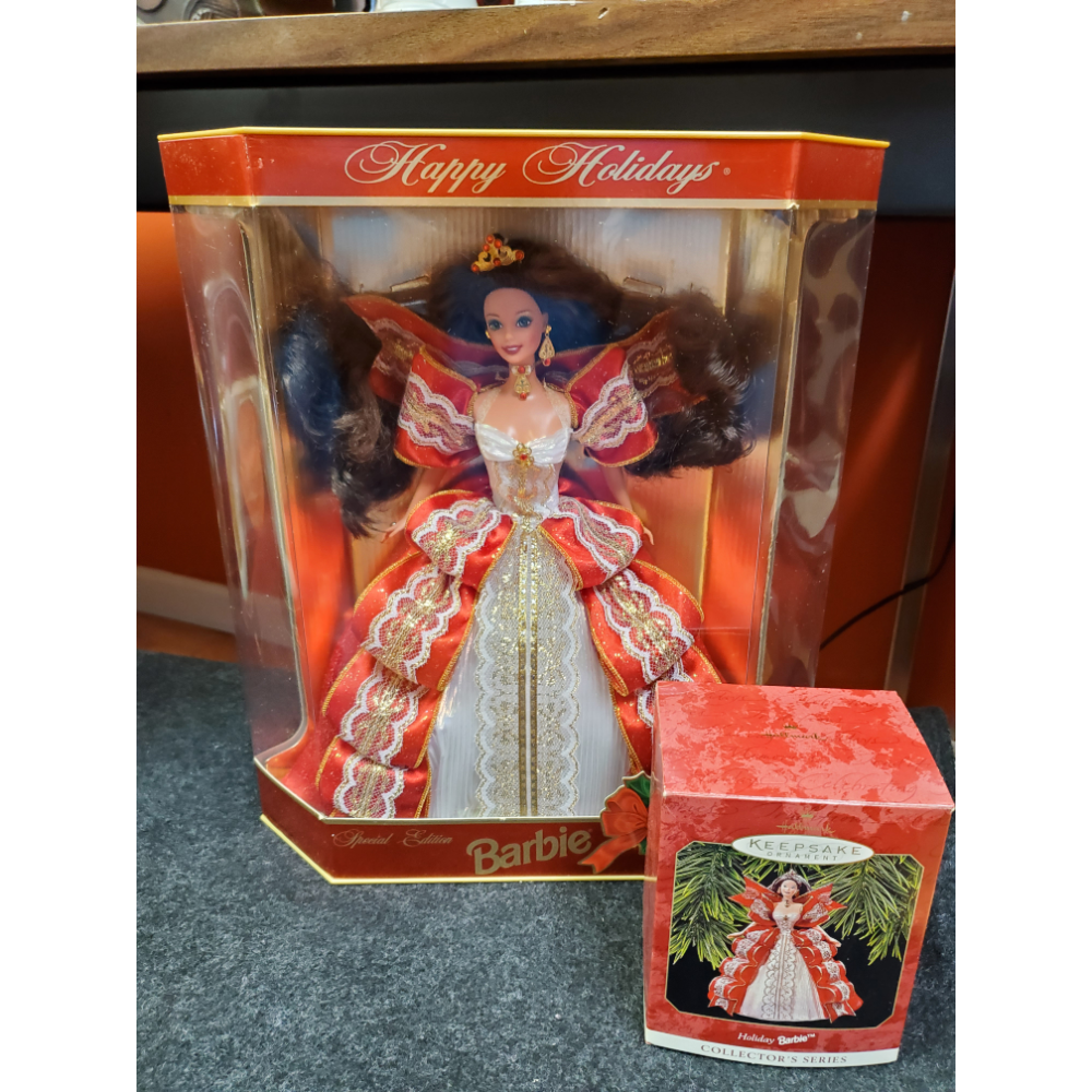 1997 Rare Holiday Barbie with gold box background and matching Hallmark ornament