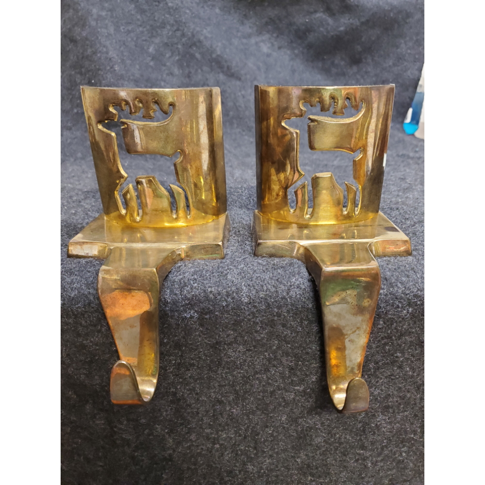 Pair of Solid brass reindeer stocking holders