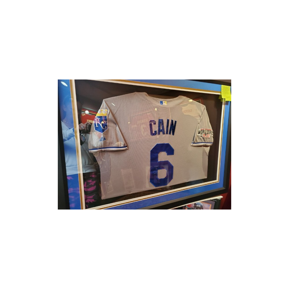 Lorenzo Cain Collectible Royals Baseball Jersey under glass