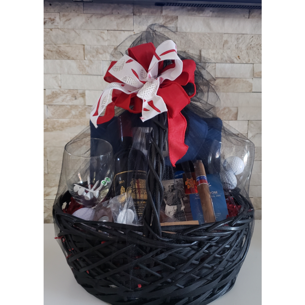 Gift Basket - Golf Items, Wine, Cigar, Golf Shirt