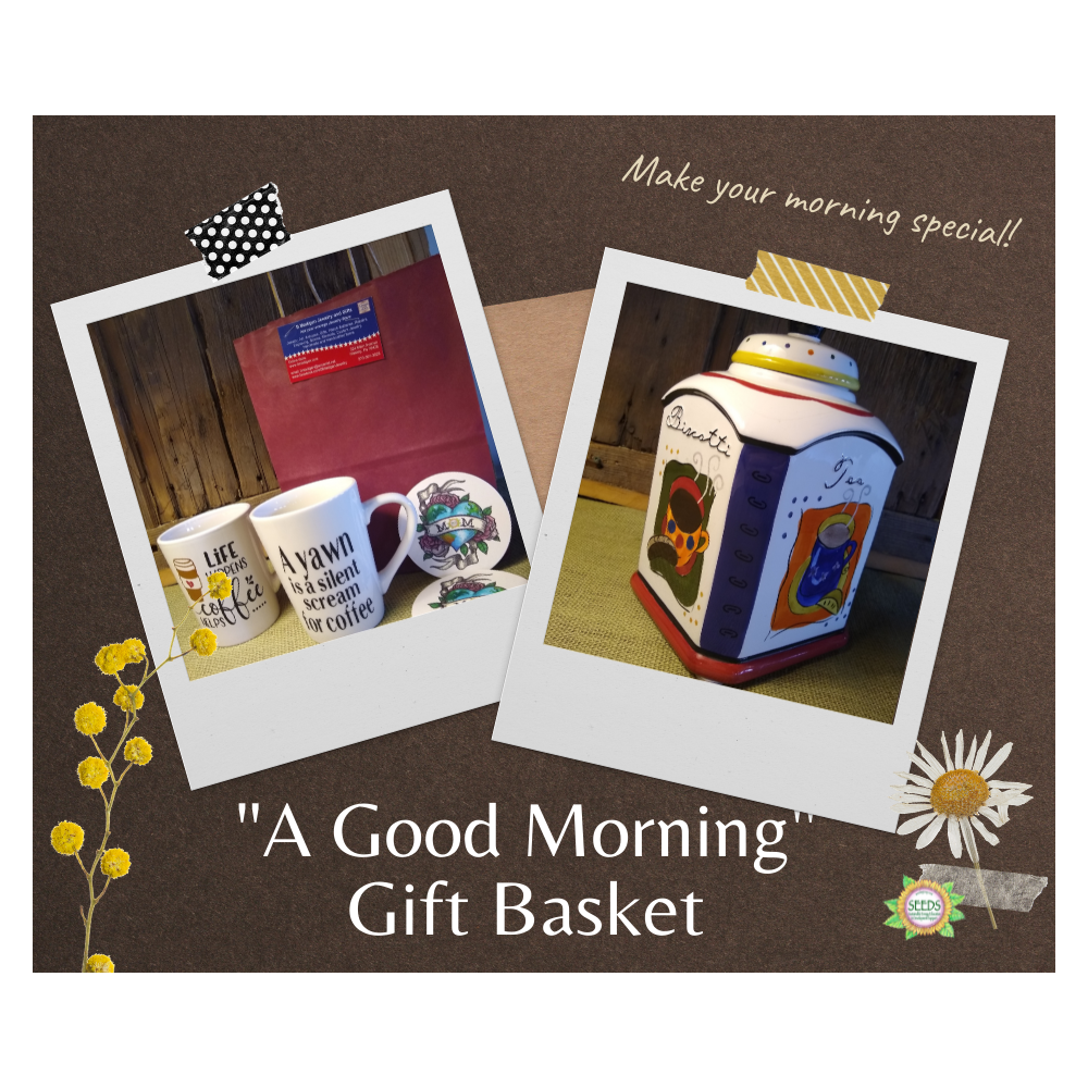 "A Good Morning" Gift Basket - Bistro Canister and Coffee Lover Mugs with SEEDS Coasters